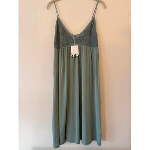ZARA Sage Green Babydoll Midi Dress | Lace Bodice | NWT Sz L